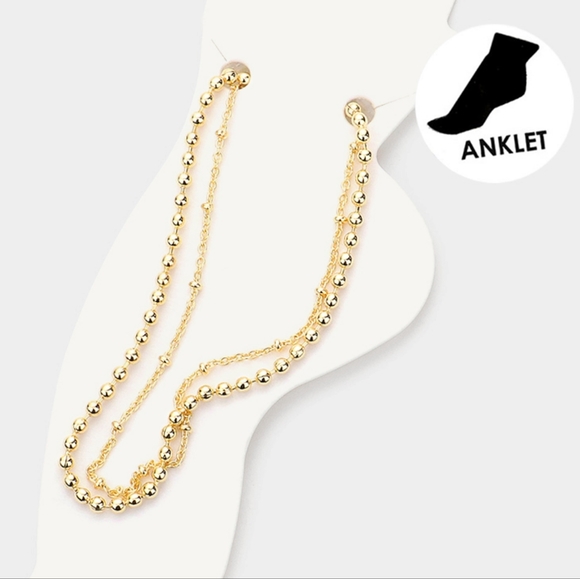 Double Layered Gold Metal Ball Link Chain Style Anklet Fashion Jewelry Accessory - Picture 1 of 2